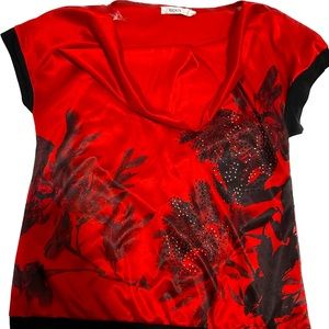 Red flower print dressy shirt